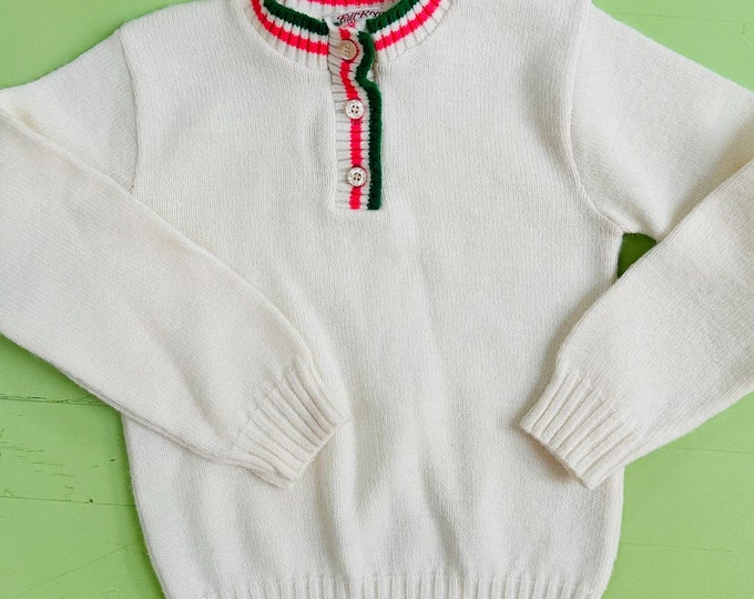 Vintage 1970s Girls Sweater White Preppy Sweater Pink Green Striped Girls Size 7, 8 Vintage Sweater Retro Top Fall River Knitting Works