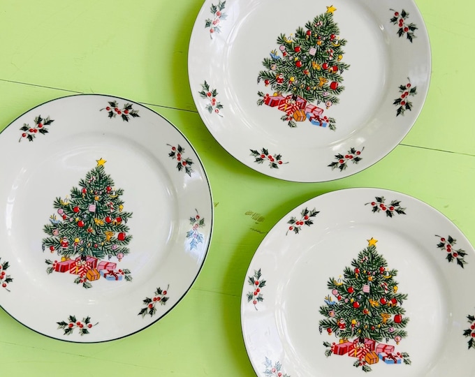 Vintage Gibson Christmas Tree Small Plates Set of Three Christmas Dishes Floral Christmas Dining Holiday Dining Xmas Tablescapes