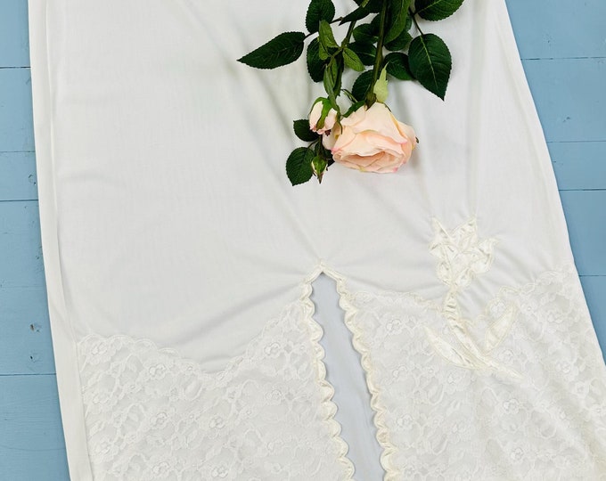 Vintage 60s White Nylon Half Slip Floral Lace Adornment Romantic Half Slip Delicate Lace Half Slip Long Length Slip Retro Lace Undergarments