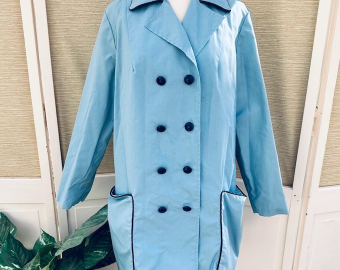 Vintage 60s Rain Coat Light Blue with Navy Trim Double Breasted Trench Coat Mod Rain Coat NPC Fashions Women's Size Large