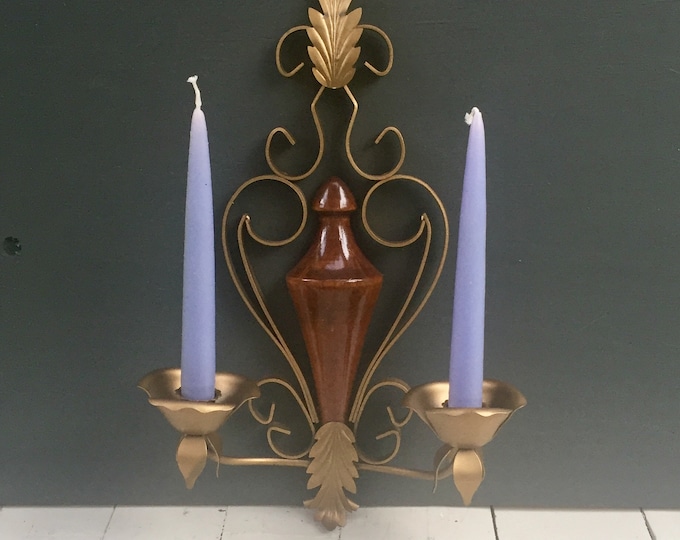 Vintage Wall Sconce, Vintage Mid Century Modern Wall Sconce, Vintage Wood and Brass Wall Sconce, Vintage Brass Candleholder