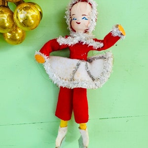Vintage Japan Pixie Ice Skater Ornament Christmas Elf Ornament Paper Mache Pixie Red Felt Figure Skating Girl