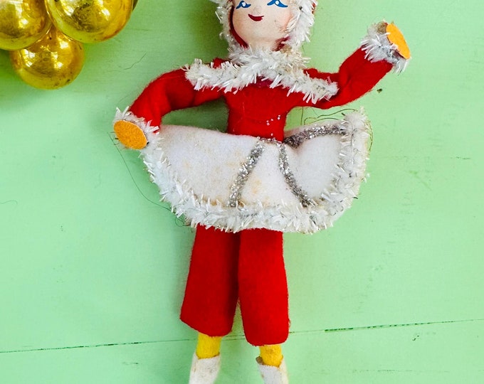 Vintage Mid Century Christmas Pixie Ice Skater Ornament Felt Paper Mache Pixie Elf Vintage Xmas Decor Japanese Pixie Figure Skater MCM Xmas