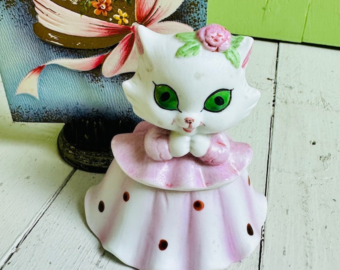Vintage Lefton Cat Figurine Trinket Box, Lefton Trinket Box, Vintage White Cat Figurine, Vintage Ball Gown Cat Figurine, Vintage Girls Gift