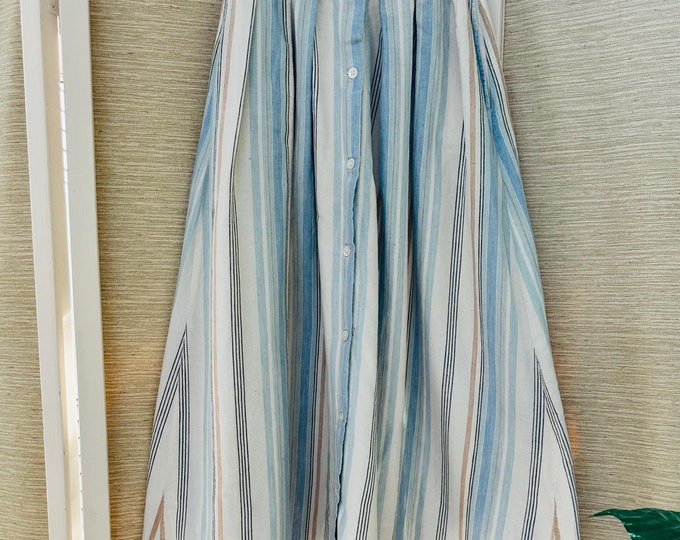 Vintage Banana Republic Midi-Skirt Striped Blue Tan Navy High-Waisted Skirt Women's Size 2 Vintage Midi-Skirt Button-Down Skirt