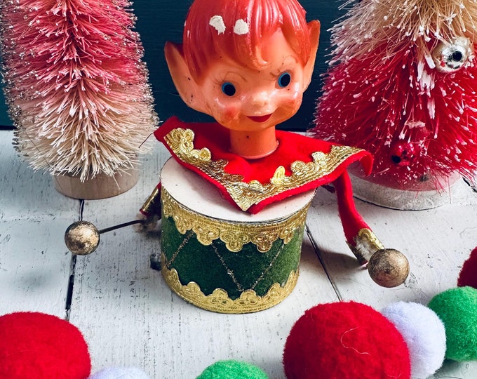 Vintage 1950s Pixie Elf with Drum Christmas Ornament Mid Century Pixie Christmas Ornament Kitschy Elf Ornament