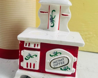 Vintage Lefton Stove Canister Instant Coffee Jar Red & White Ceramic Kitchen Canister Mid Century Kitchen Decor