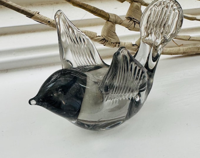 Vintage Art Glass Bird, Swedish Reijmyre smokey black flying bird paperweight