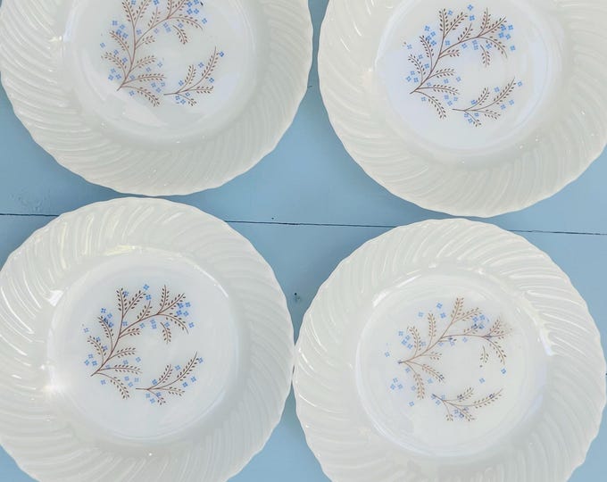 Set of 4 Vintage Termocrisa Milk Glass Salad Plates | Swirl Rim Floral Dessert Plates | Mid Century Cottagecore Tableware
