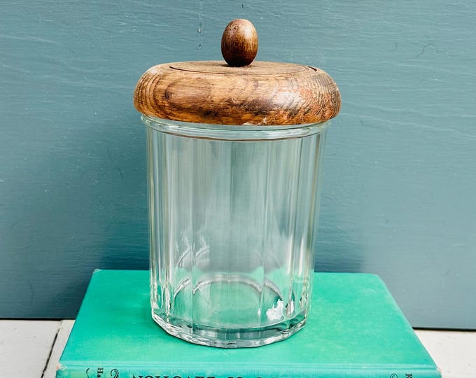 Vintage Glass Canister with Wood Lid Scandinavian Style Mid Century Kitchen Decor