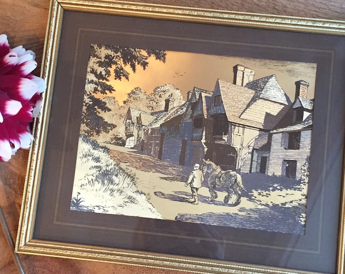 Vintage Tin Wall Decor, Vintage Mid 1800s Village Scene, Vintage 1800s Village Picture, Vintage Metalwork Picture