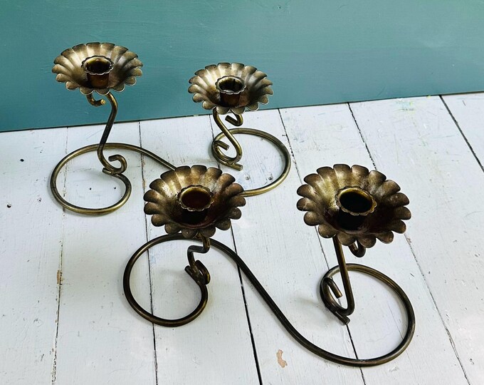 Vintage Brass Double Taper Candle Holders Pair Floral Flower Cups Scrollwork Boho Cottagecore Table Candelabra