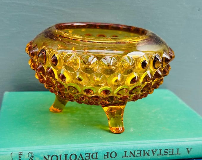 Vintage Viking Amber Glass Hobnail Footed Bowl Mid Century Modern Art Glass