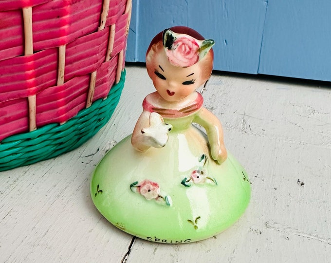 Vintage Norcrest Four Season Girl Figurine Bell Spring Replacement Girl Figurine Spring Bell Girl with Bird Mid Century Lady Figurine