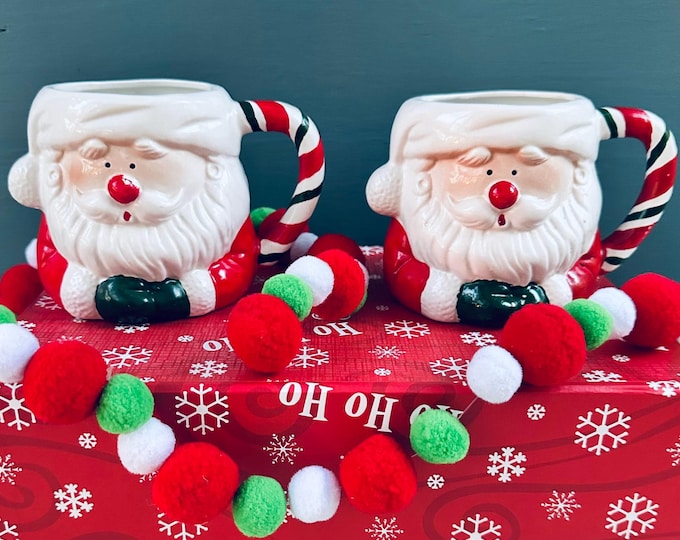 Vintage Santa Mugs Set of Two Christmas Santa Mugs Pair Candy Cane Handle Santa Face Cups