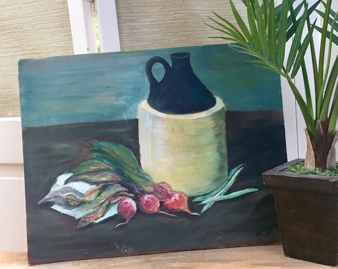 Vintage still life oil painting, radishes and crock farmhouse, kitchen wall art, moody rustic decor