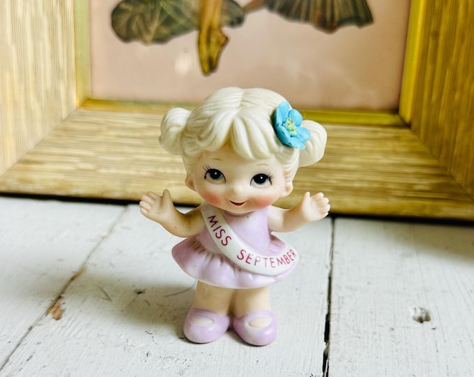 Vintage 80s Russ Berrie Miss September Birthday Girl Figurine, Vintage Little Girl September Cake Topper, September Girl Birthday Party