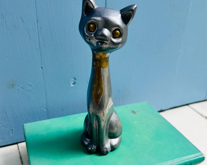 Vintage MCM Cat Pewter & Brass Metal Cat Figurine Vintage Cat Statue Gift for Cat Lover Vintage Kitten Figurine Long Necked Cat Figurine