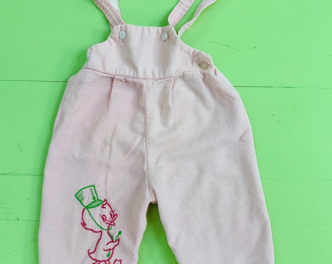 Vintage 1970s Overalls Pink Corduroy Overalls with Embroidered Duck Baby Girl 6 to 9 months Retro Overalls Vintage Baby Clothes