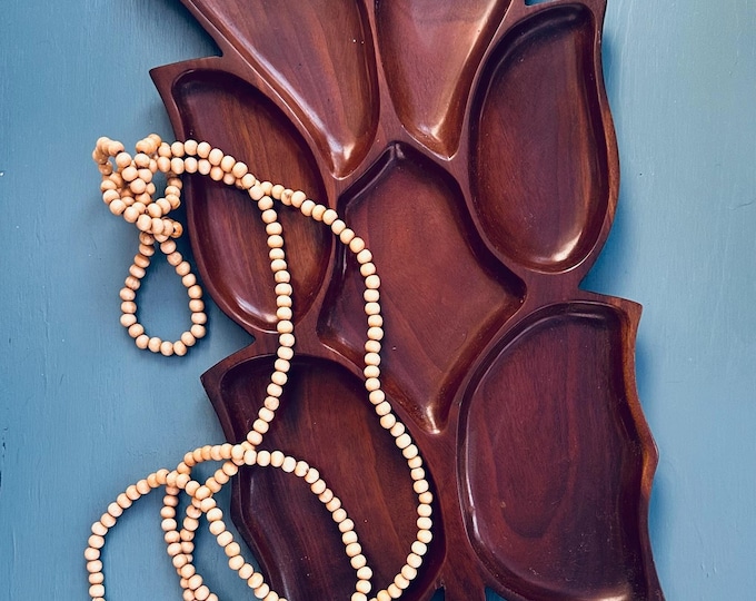 Vintage MCM Mahogany Leaf Divided Wood Tray 24" long Large Wooden Leaf Appetizer Tray Boho Table Decor