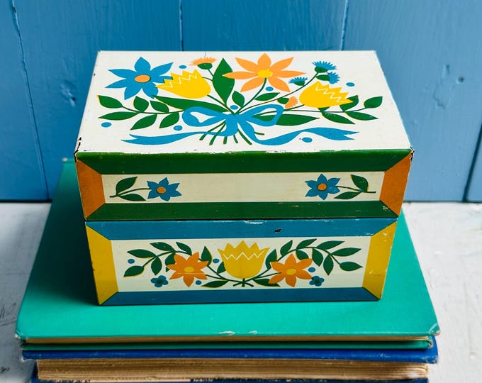 Vintage Floral Recipe Box Syndicate Manufacturing Tin Recipe Card Box Pennsylvania Folk Art Kitchen Storage