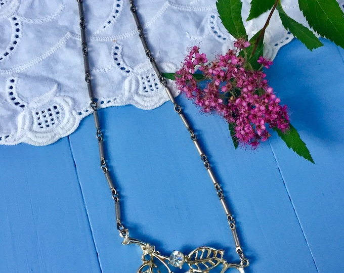 Vintage Silver Leaf Art Deco Necklace, Crystal Flowers, 7 Inch Chain