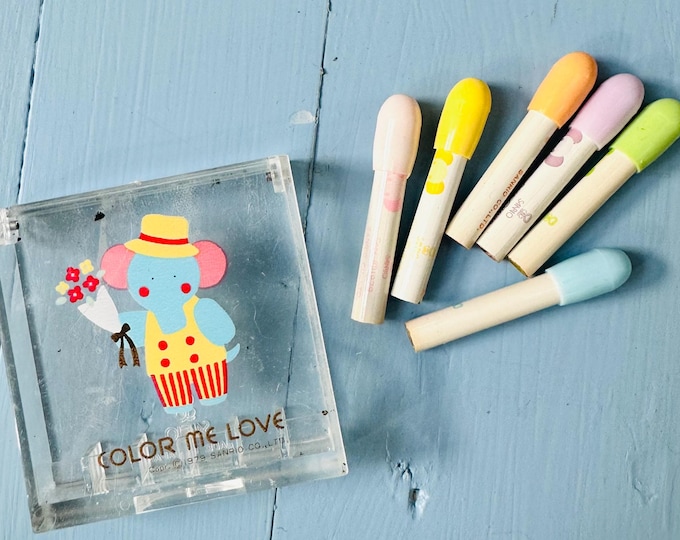 Rare Vintage 1979 Sanrio Color Me Love Tiny Pastel Pencils and Case Sanrio Elephant Case  Rare 1970s Sanrio Pastel Pencils with Case