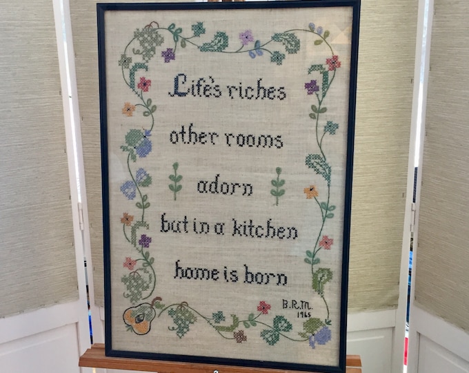 Vintage Framed Crewel, Vintage Kitchen Crewel, Vintage Kitchen Embroidery, Vintage Kitchen Wall Decor, Vintage Kitchen Wall Hanging