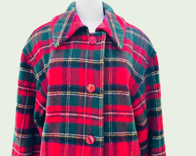 Vintage Red Plaid Wool Coat Long Length Oversized Tartan Jacket 80s 90s Made USA Wool Blend Buffalo Plaid Winter Coat Lodgecore