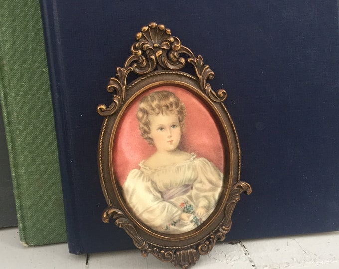 Antique 1800's Hand-painted Satin Miniature Portrait of a Child in a Bronze Frame, Victorian French cameo portrait painting