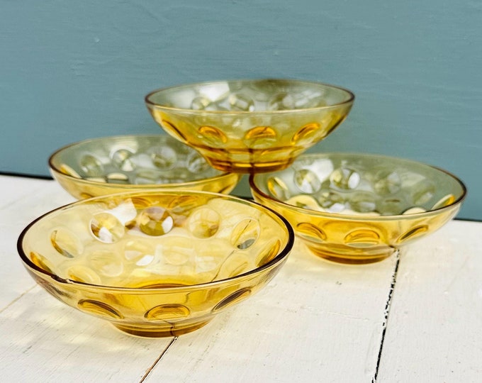 Vintage Hazel Atlas Eldorado Gold Berry Bowls Set of Four MCM Amber Serving Bowls Glass Coin Spot Bowls Mid Century Dimpled Glass Bowls