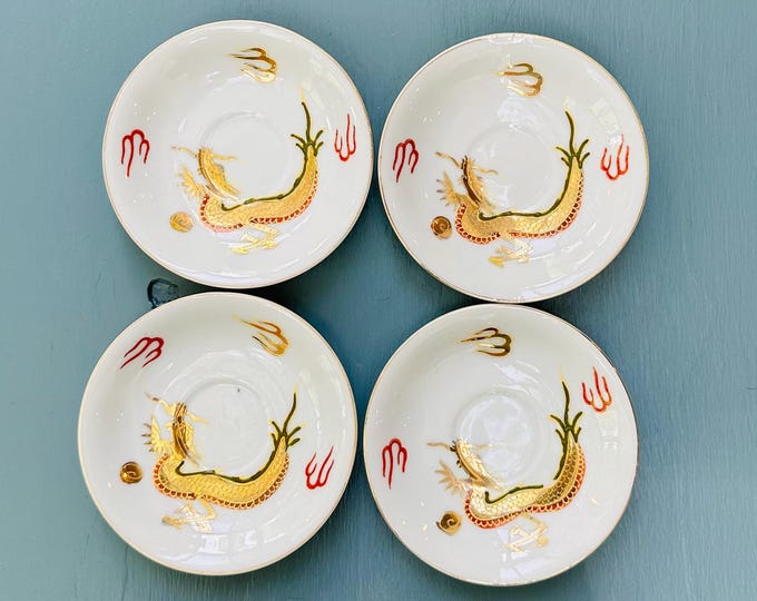 Vintage Japanese Dragonware Porcelain Saucers Set of 4 Hand Painted Moriage Dragon Tea Saucers