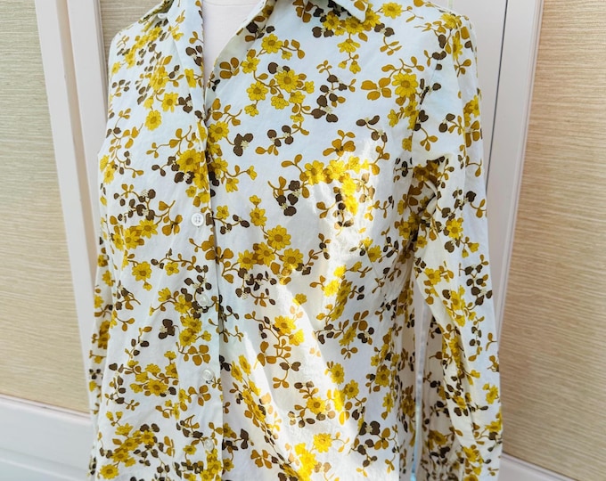Vintage 70s Sunflower Print Button Down Top Judy Bond Women's Size XS 70s Cropped Long Sleeve Top Retro Shirt