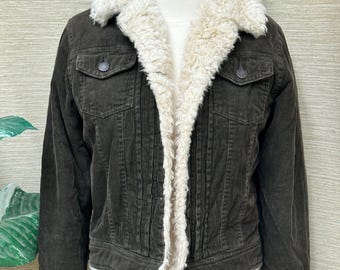 Vintage Y2K Abercrombie & Fitch Sherpa Lined Corduroy Jacket Brown Faux Fur Coat Medium