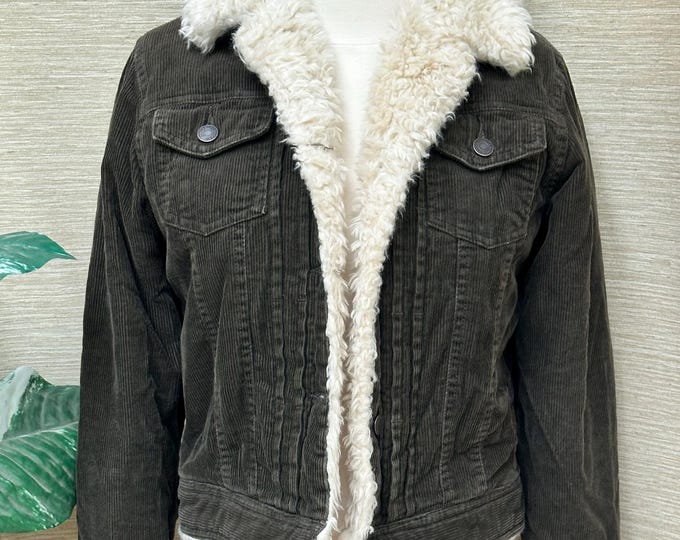 Vintage Y2K Corduroy Jacket, White Faux Fur Brown Corduroy Jean Style Jacket, Boho Jacket, 1990s Jacket, A&F Jacket, Unisex Size Medium