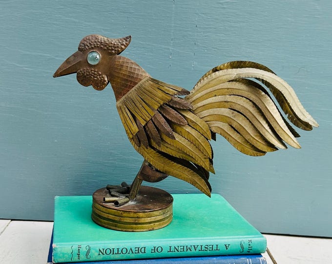 Vintage brass rooster sculpture mid century folk art metal bird decor