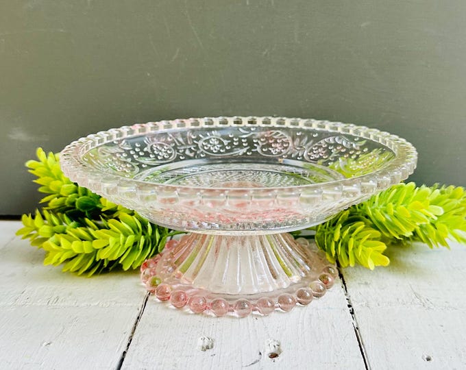 Vintage Mid Century Pink Pressed Glass Pedestal Dish | Cottagecore Vanity Tray | Shabby Chic Candy Dish Decor