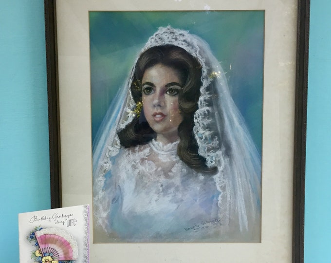 Vintage Original Portrait Painting, Vintage Bride Portrait Painting, 1970s Portrait Painting, 1970s Art Work, Vintage Wedding Decor