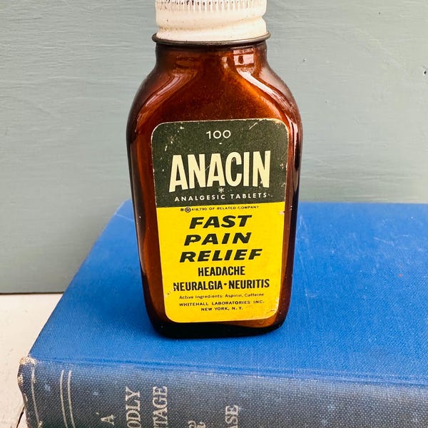 Vintage Anacin Amber Glass Medicine Bottle Mid Century Drugstore Advertising Apothecary Jar