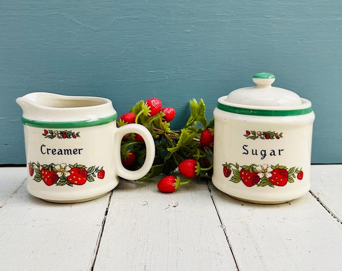 Vintage strawberry creamer and sugar set ceramic farmhouse kitchen decor cottage kitchen