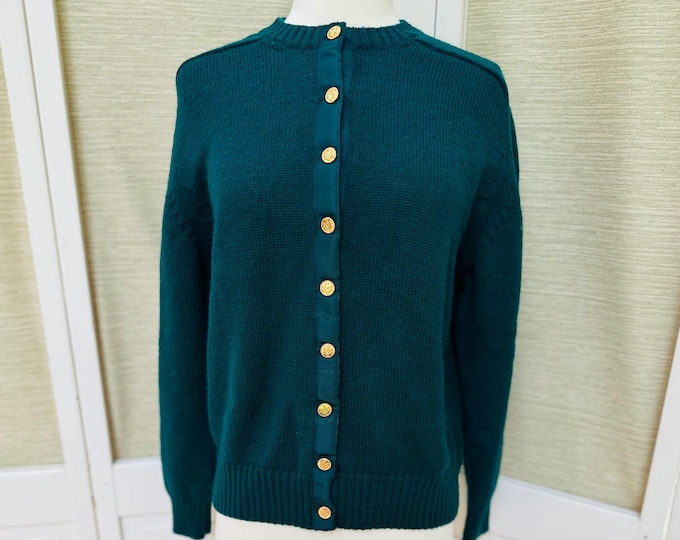 Vintage 80s Cardigan Sweater Women's Size Medium Emerald Green Cardigan with Gold Buttons 1980s Women's Cardigan Vintage Green Wool Sweater