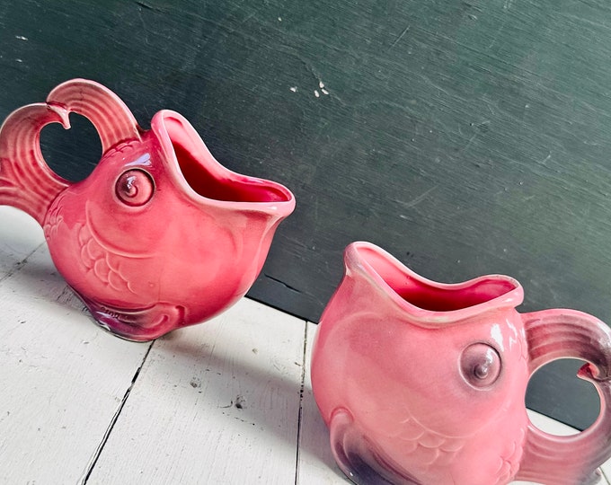 Rare MCM Fish Mugs, Pair Mid Century Fish Coffee Mugs, Vintage Big Fish Cups, 1960s Coffee Mugs, Pink Fish Mugs, German Fish Mugs