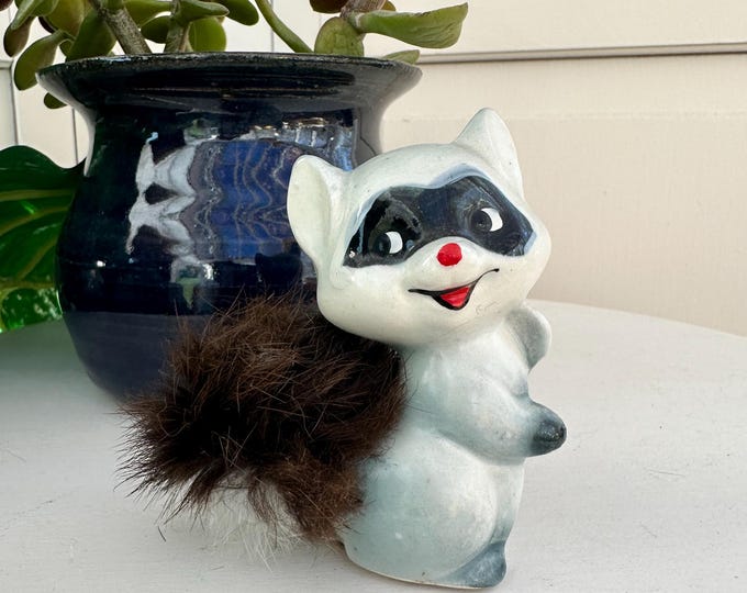 Vintage 1950s Lugene's Raccoon Figurine with Fur Tail, Woodland Animal Figurine