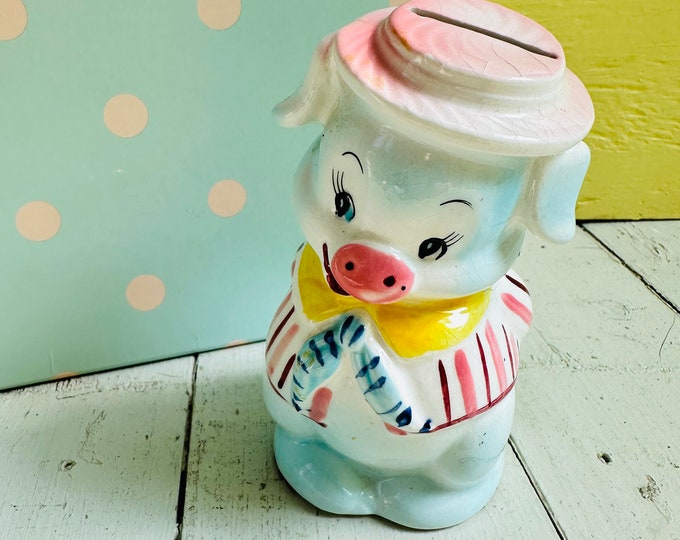 Vintage 1950s Piggy Bank, Vintage Mid Century Coin Bank, 50s Piggy Bank, Mid Century Animal figurine, Anthropomorphic Pig Knick Knack