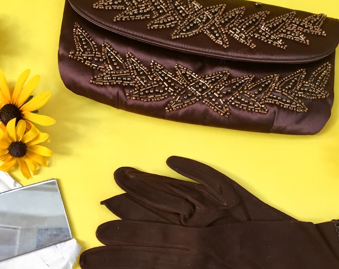 Vintage 1950s Beaded Evening Bag Set Brown Satin Clutch Gloves Mirror Henri Bendel Formal