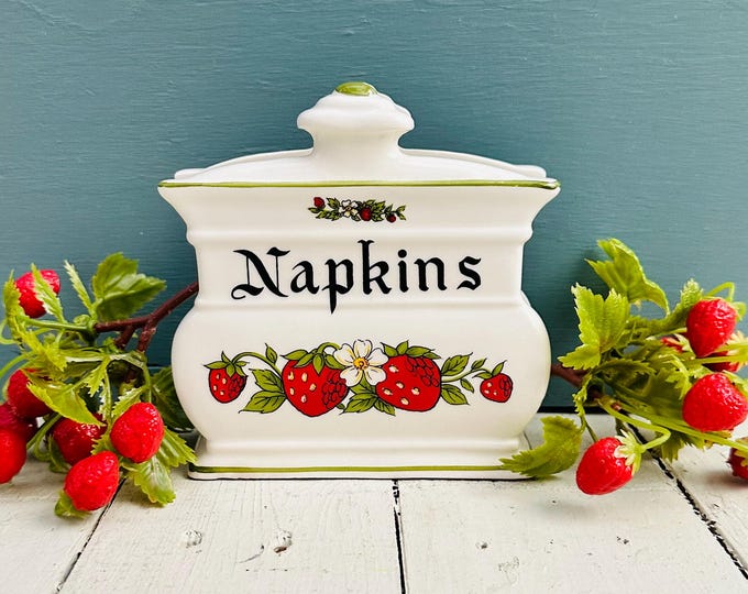 Vintage strawberry napkin holder ceramic kitchen decor farmhouse napkin box