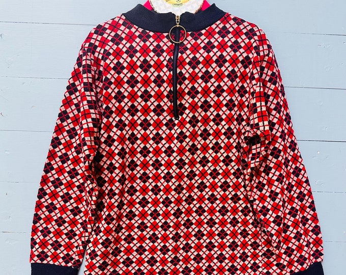 Vintage 1960s Boys Sweater Navy Red Checkered Sweater Size 5T Retro Little Boys Sweater Front Zip Vintage Kids Clothes Vintage Boys Sweater
