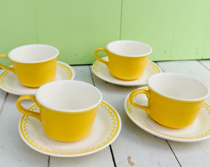 Vintage MCM USA Cup and Saucer Set of Four Yellow and White Cups and Saucers Retro Mid Century Coffee Cups Scalloped Edges