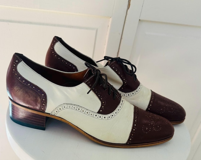 Vintage Handmade Custom Unisex Wingtip Oxfords, Women's US Size 12 N, Men's US Size 9.5 N, Vintage Brown and White Oxfords, Vintage Wingtips
