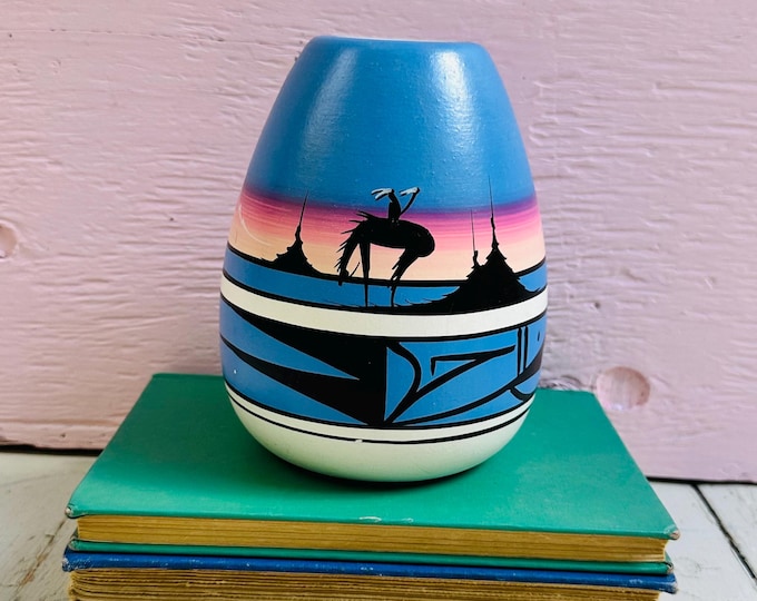 Signed Southwestern Pottery Vase Dated 2002 Kokopelli Design Hand Painted Native American Style Art Pottery Vessel
